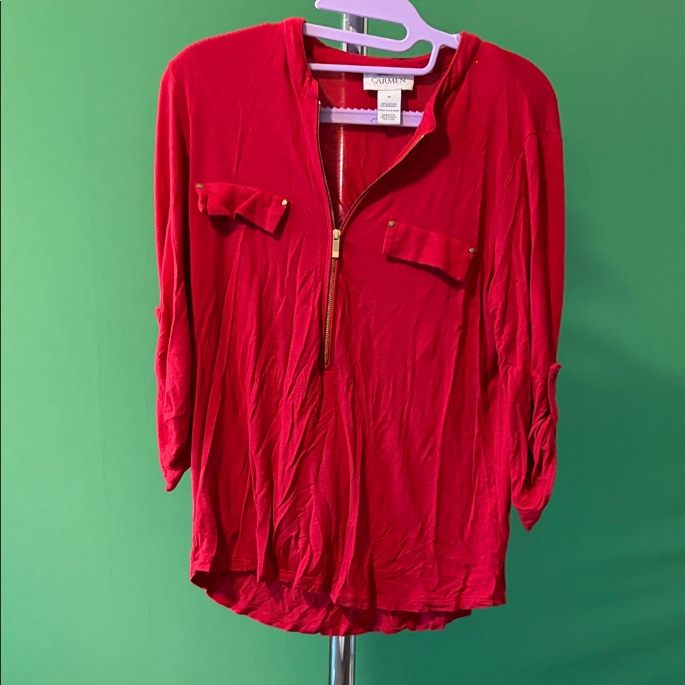 Chic Red Blouse with Zipper Detail